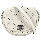 Chanel Shoulder Bag Perforated Pochette CC Logo Crossbody Leather White Silver