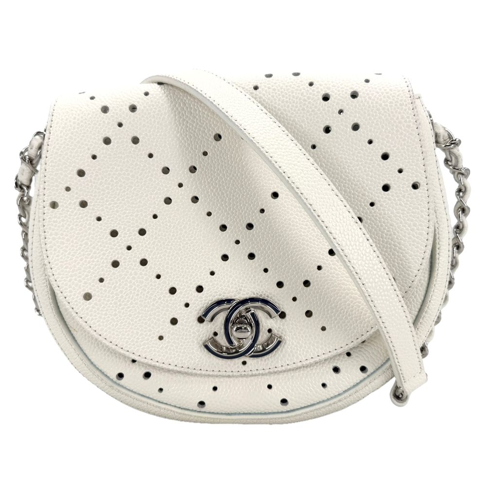 Chanel Shoulder Bag Perforated Pochette CC Logo Crossbody Leather White Silver