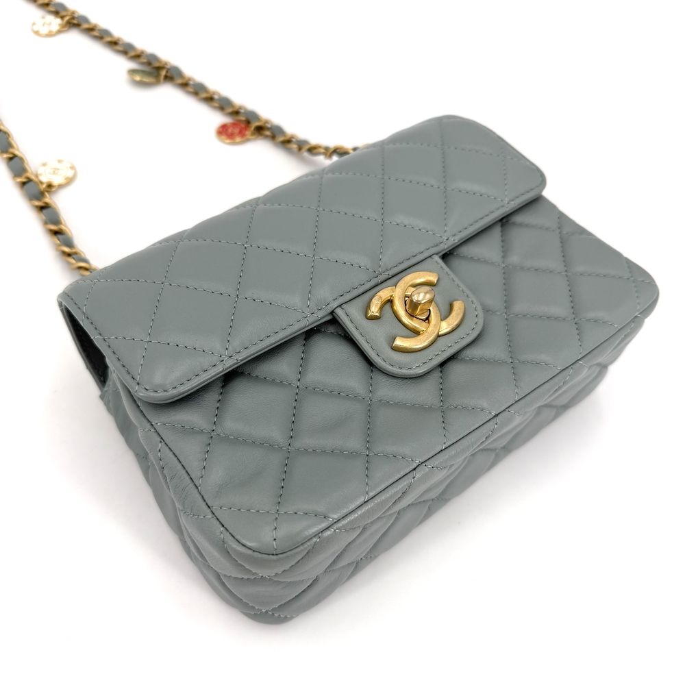 Chanel Shoulder Bag Quilted CC Logo Charm Lambskin Green Gold — view 3