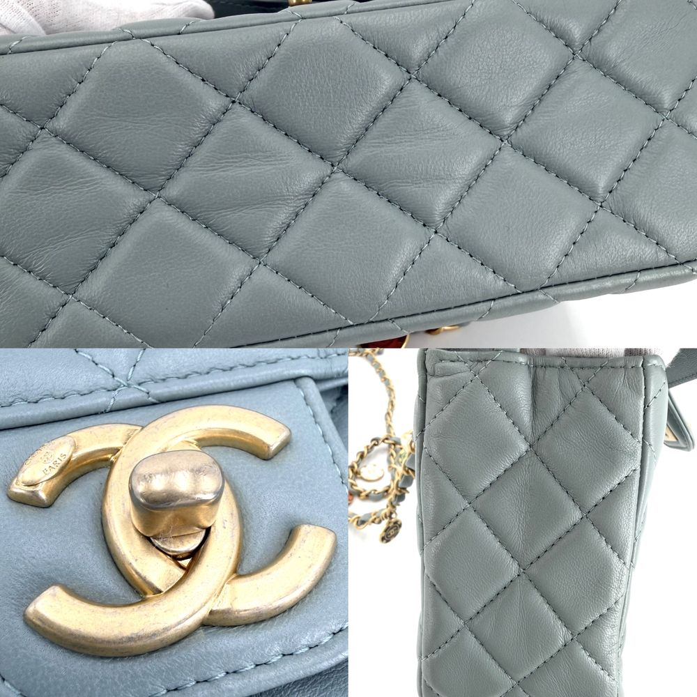 Chanel Shoulder Bag Quilted CC Logo Charm Lambskin Green Gold — view 6