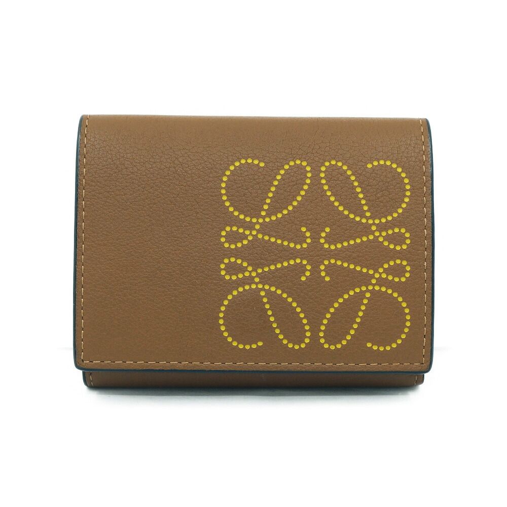 Loewe Trifold Wallet Anagram Coin Purse Brown Yellow Silver
