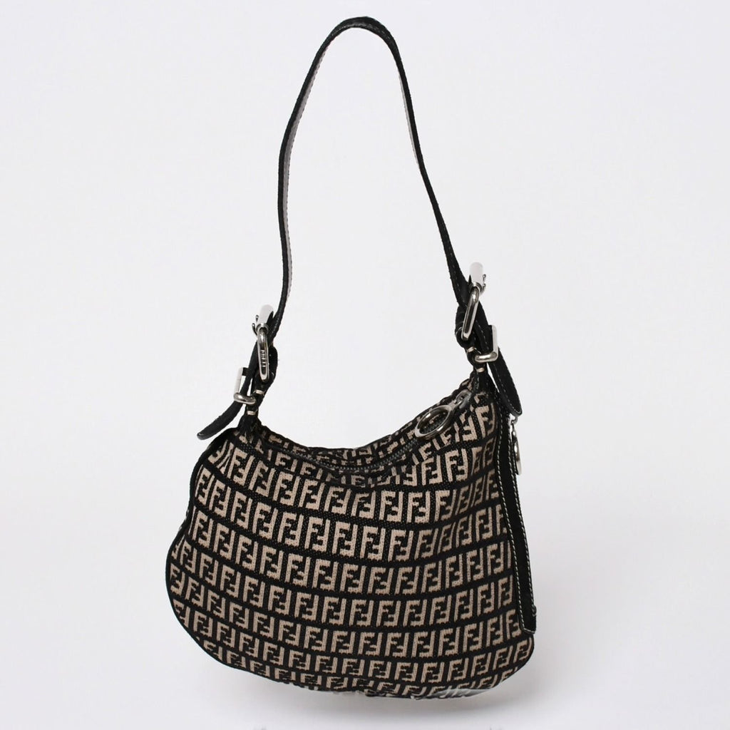 Fendi Zucchino Oyster Bag Canvas Leather Black Beige Silver — view 2