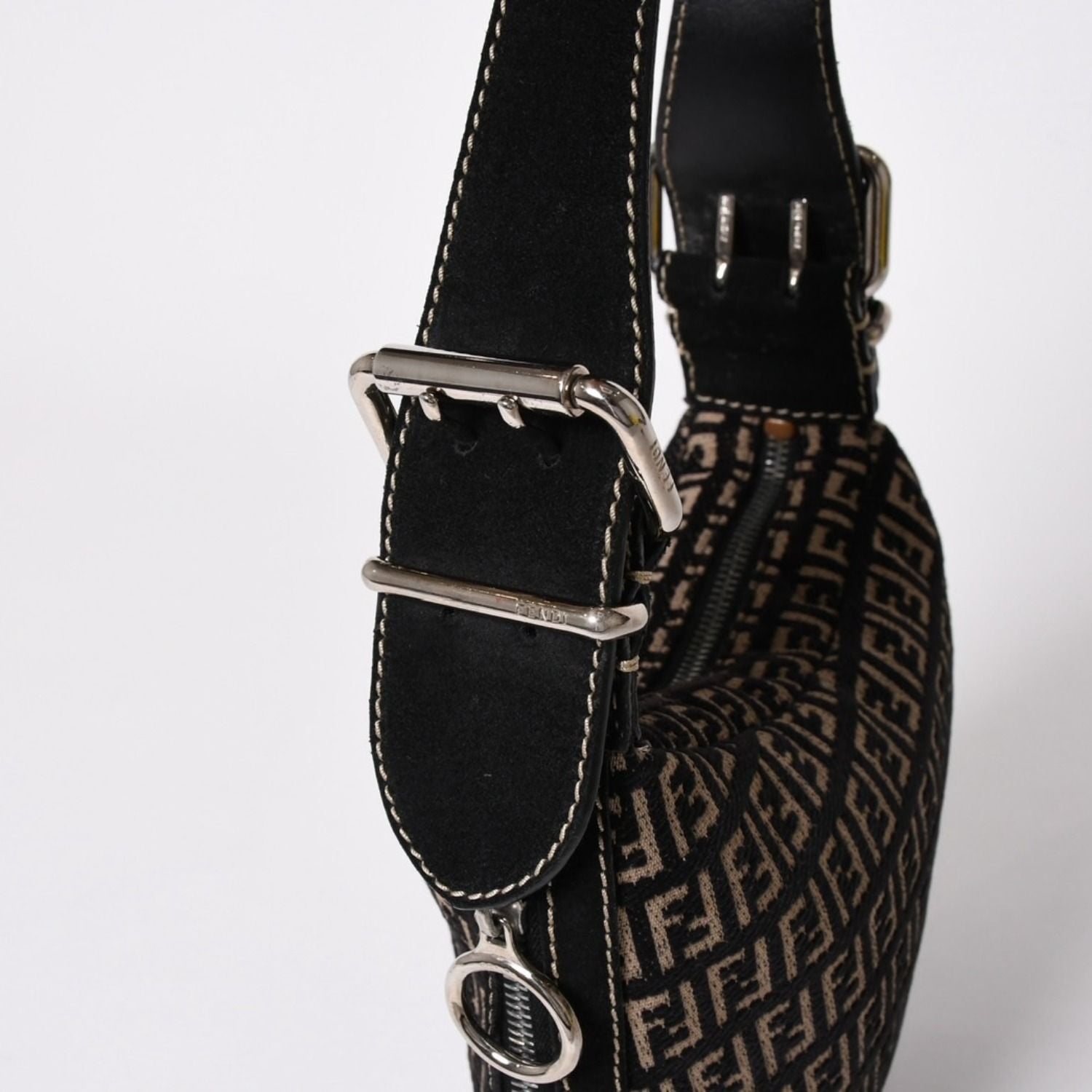 Fendi Zucchino Oyster Bag Canvas Leather Black Beige Silver — view 7