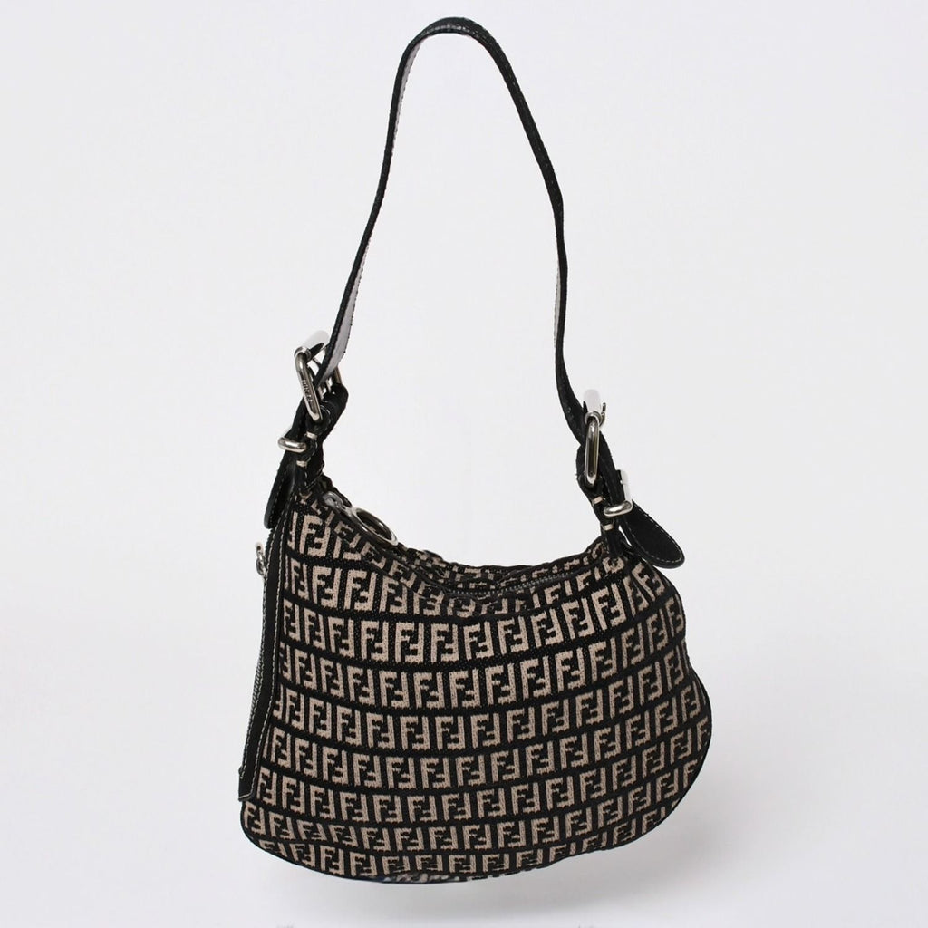 Fendi Zucchino Oyster Bag Canvas Leather Black Beige Silver