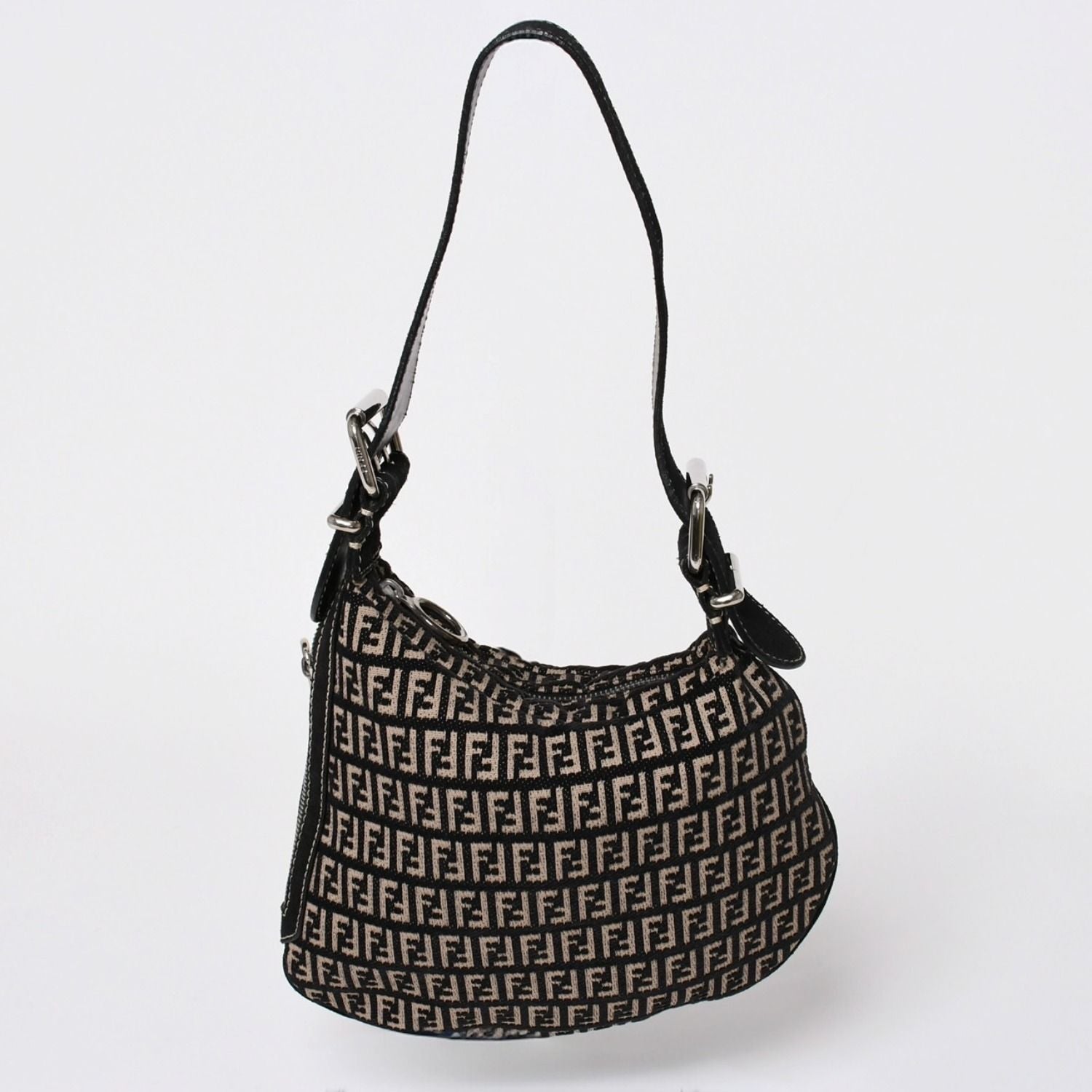 Fendi Zucchino Oyster Bag Canvas Leather Black Beige Silver