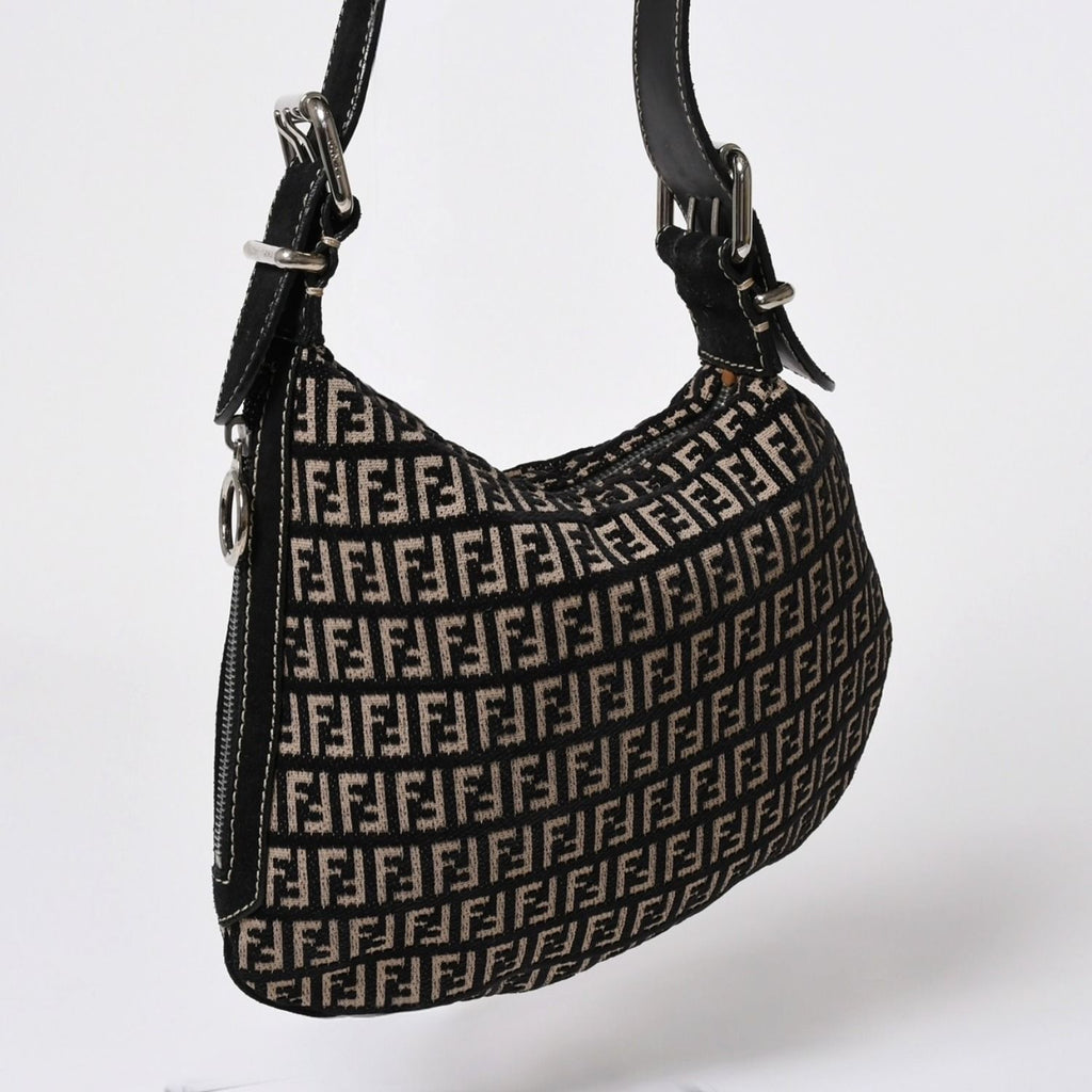 Fendi Zucchino Oyster Bag Canvas Leather Black Beige Silver — view 3