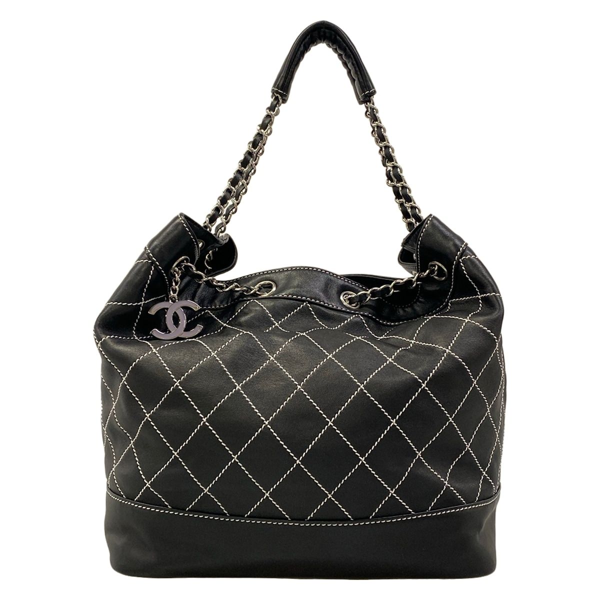 Chanel Tote Bag Wild Stitch Black White Silver Lambskin