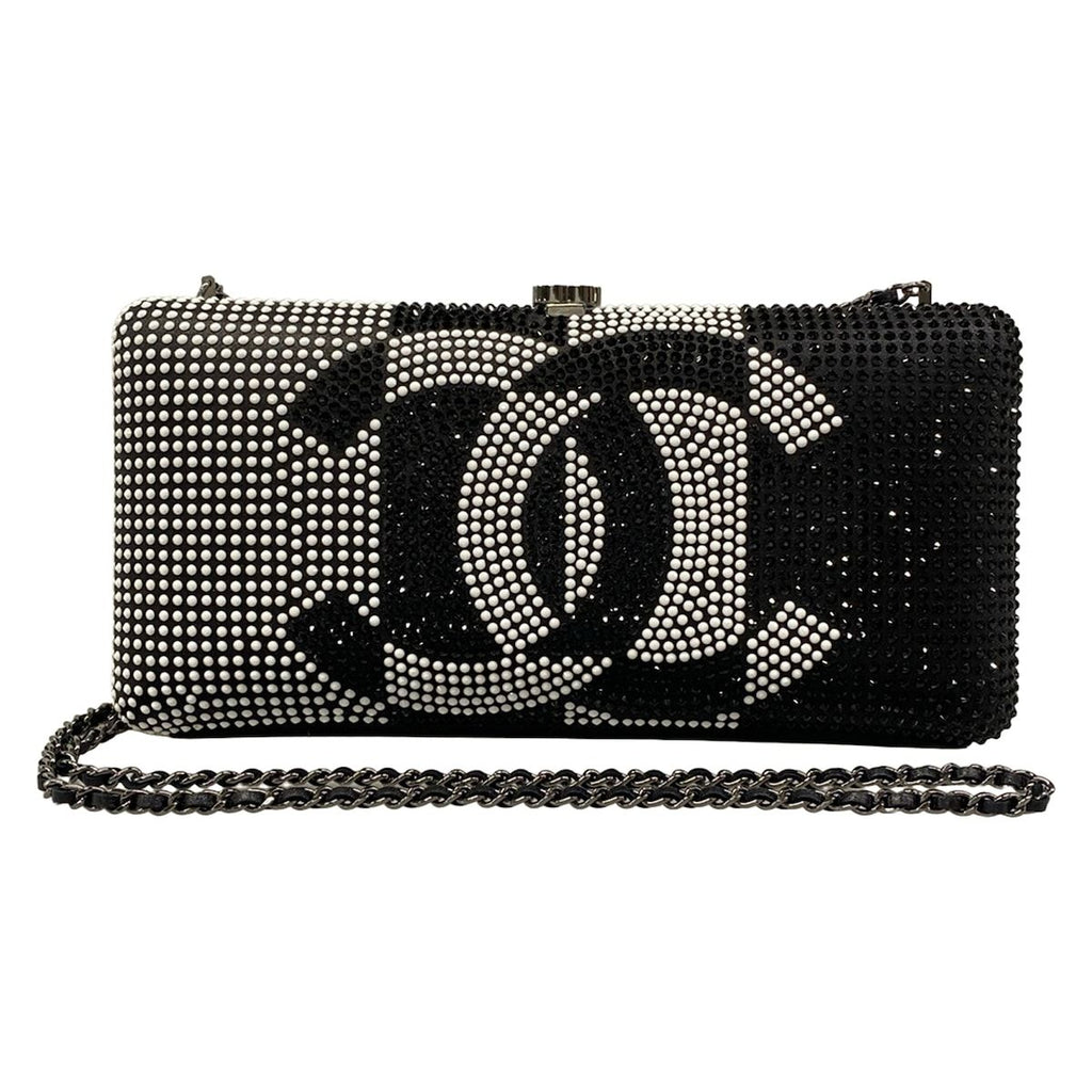 Chanel Shoulder Bag Black White Chain Silver Kiss Lock Strass CC Minadiere