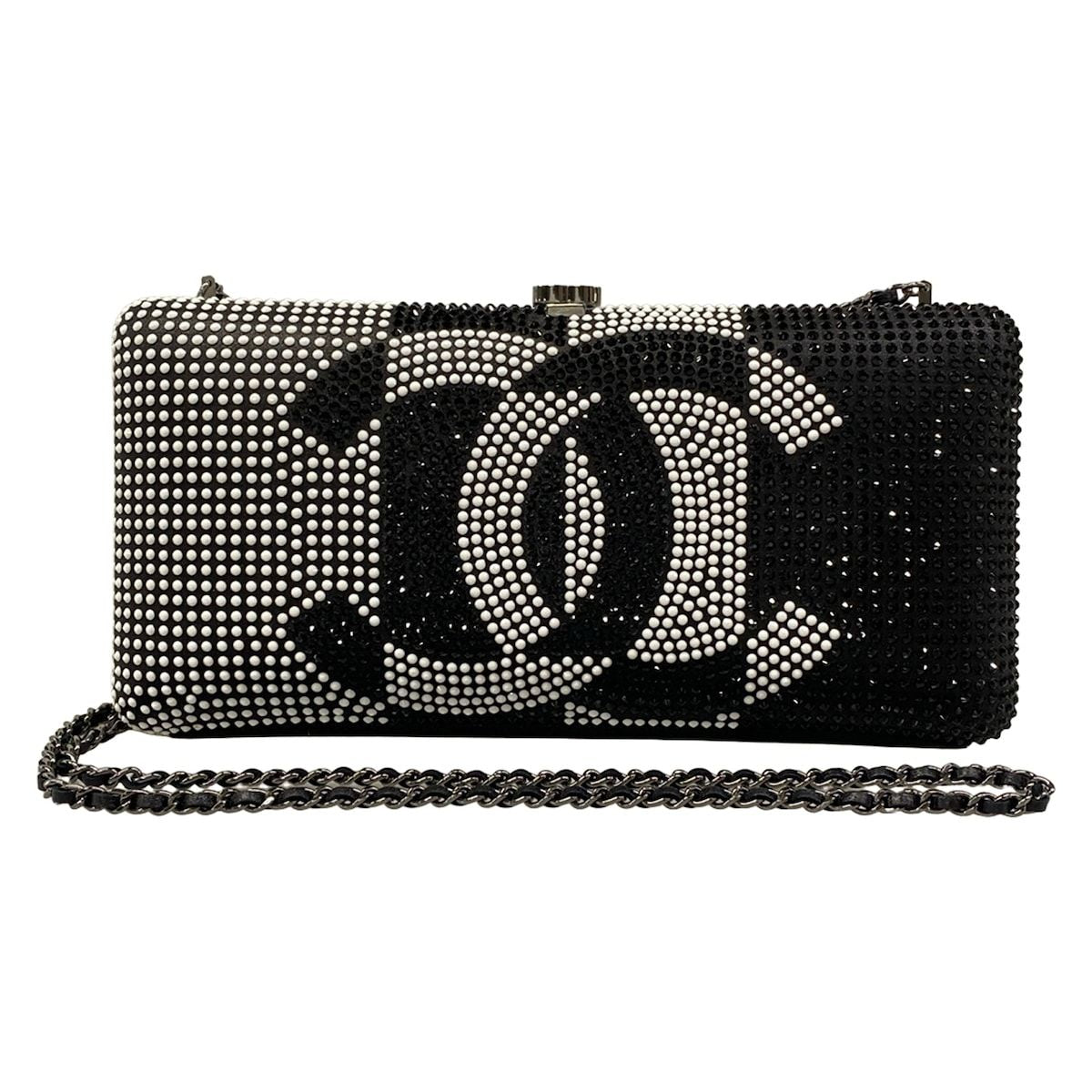 Chanel Shoulder Bag Black White Chain Silver Kiss Lock Strass CC Minadiere