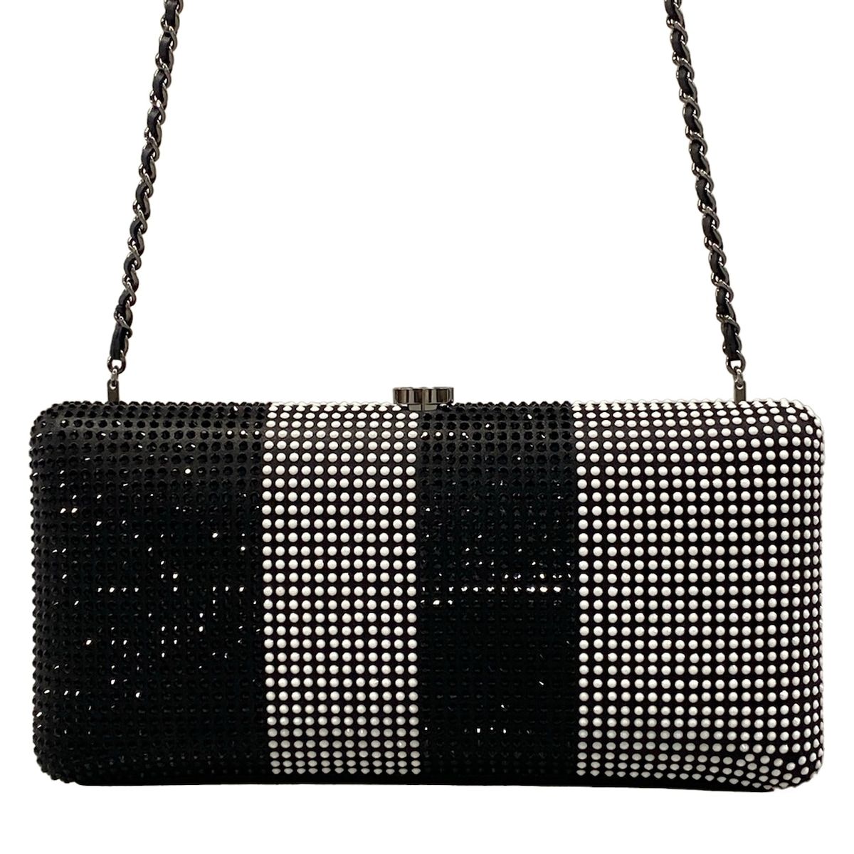Chanel Shoulder Bag Black White Chain Silver Kiss Lock Strass CC Minadiere — view 3