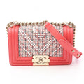 Chanel Shoulder Bag Boy Small Coral Pink White Fabric Leather Boy Stitch Pearl