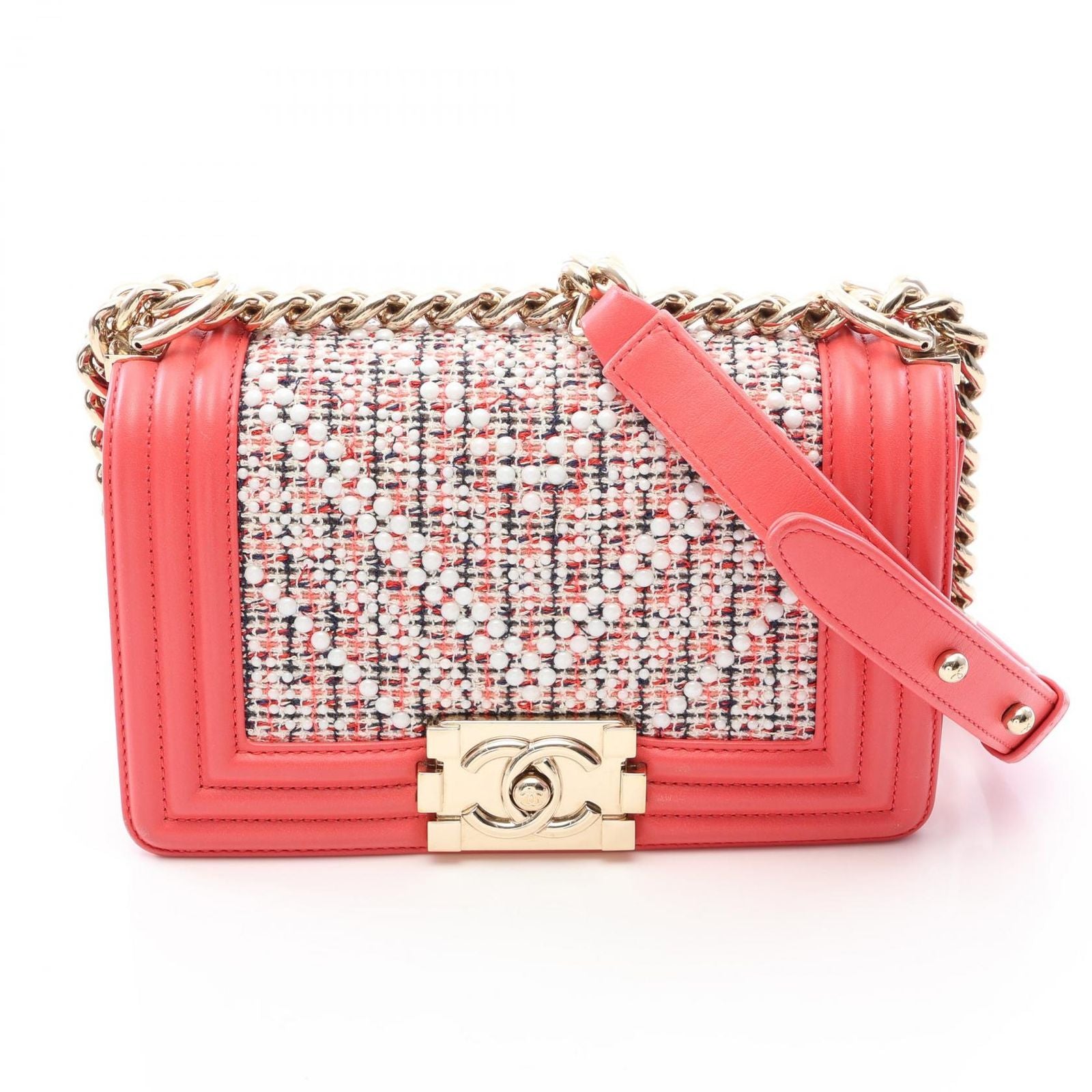 Chanel Shoulder Bag Boy Small Coral Pink White Fabric Leather Boy Stitch Pearl