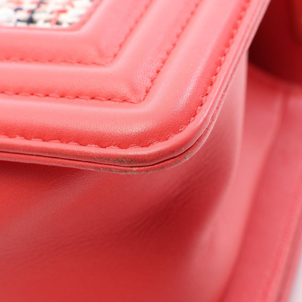 Chanel Shoulder Bag Boy Small Coral Pink White Fabric Leather Boy Stitch Pearl — view 8