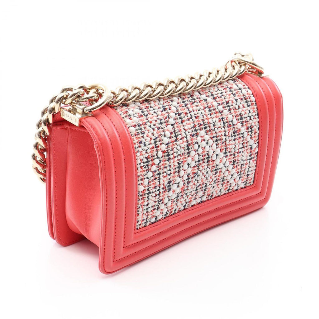 Chanel Shoulder Bag Boy Small Coral Pink White Fabric Leather Boy Stitch Pearl — view 2
