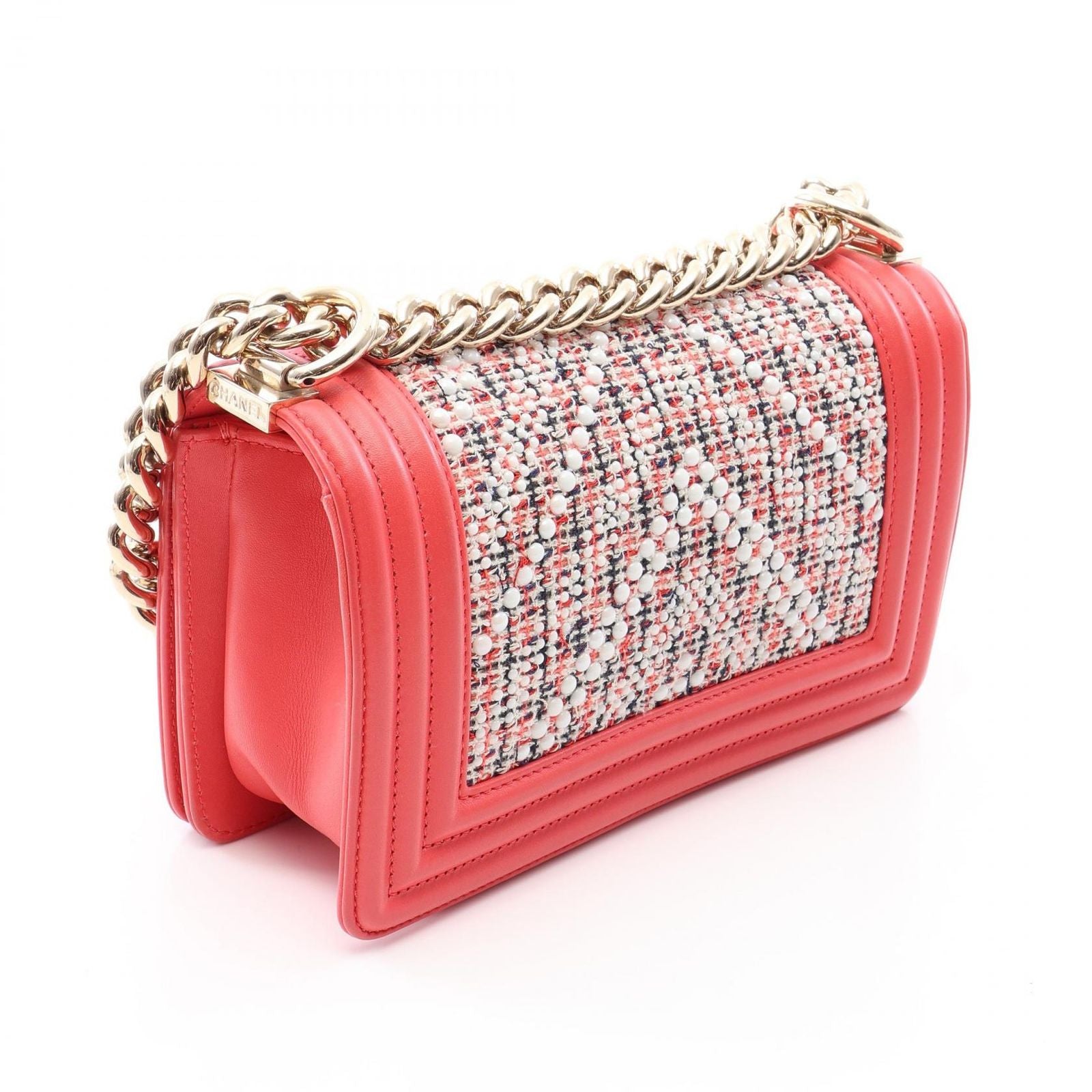Chanel Shoulder Bag Boy Small Coral Pink White Fabric Leather Boy Stitch Pearl — view 2
