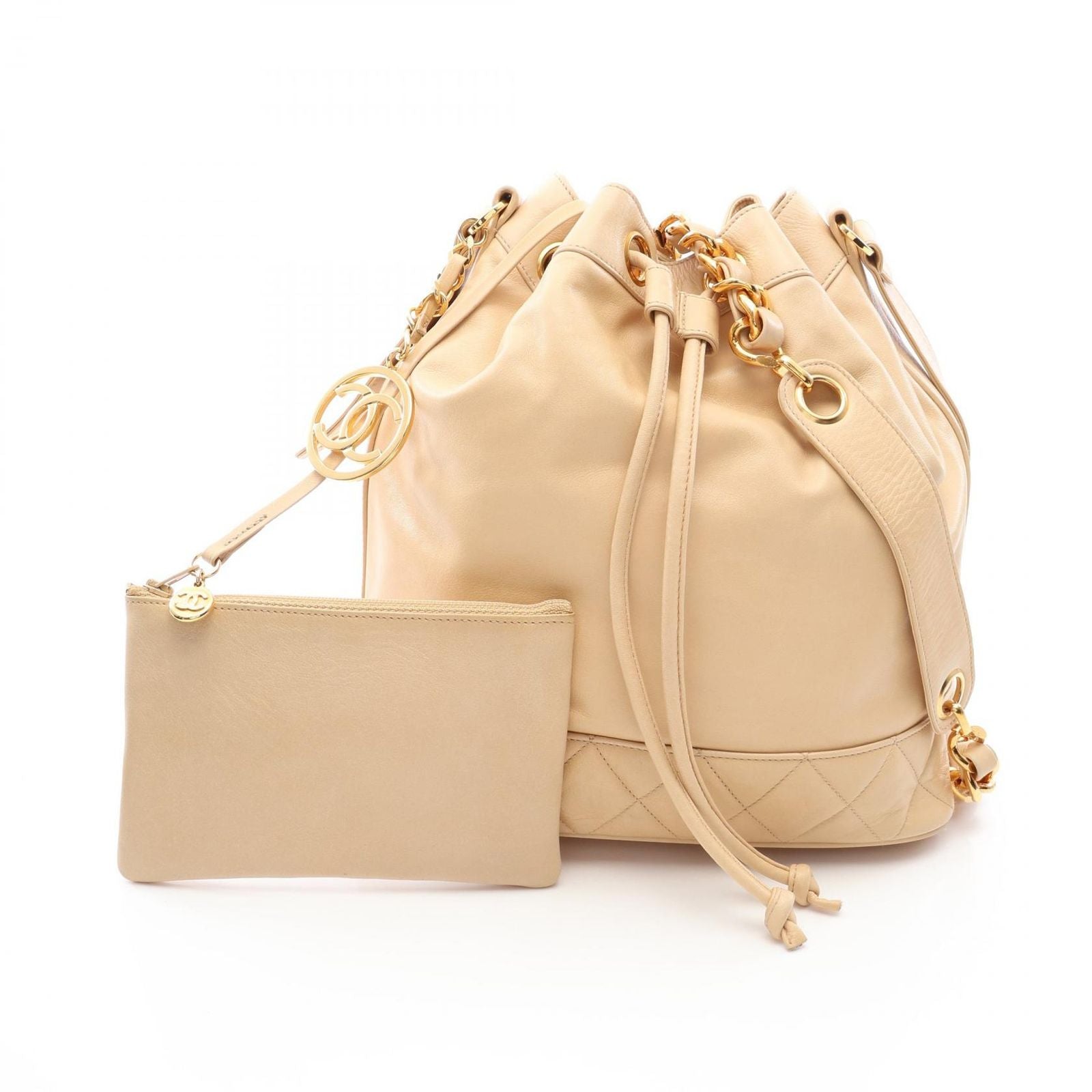 Chanel Shoulder Bag Coco Charm Drawstring Pouch Beige Lambskin Chain