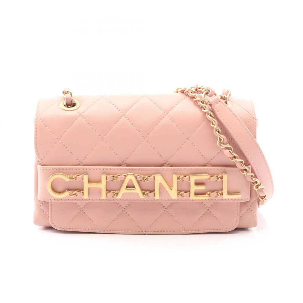 Chanel Shoulder Bag Quilted Logo Pink Lambskin Chain