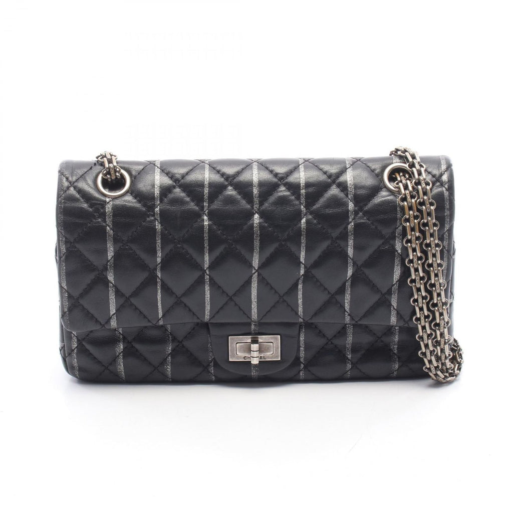 Chanel Shoulder Bag 2.55 Quilted Mademoiselle Chain Black Silver Leather Double