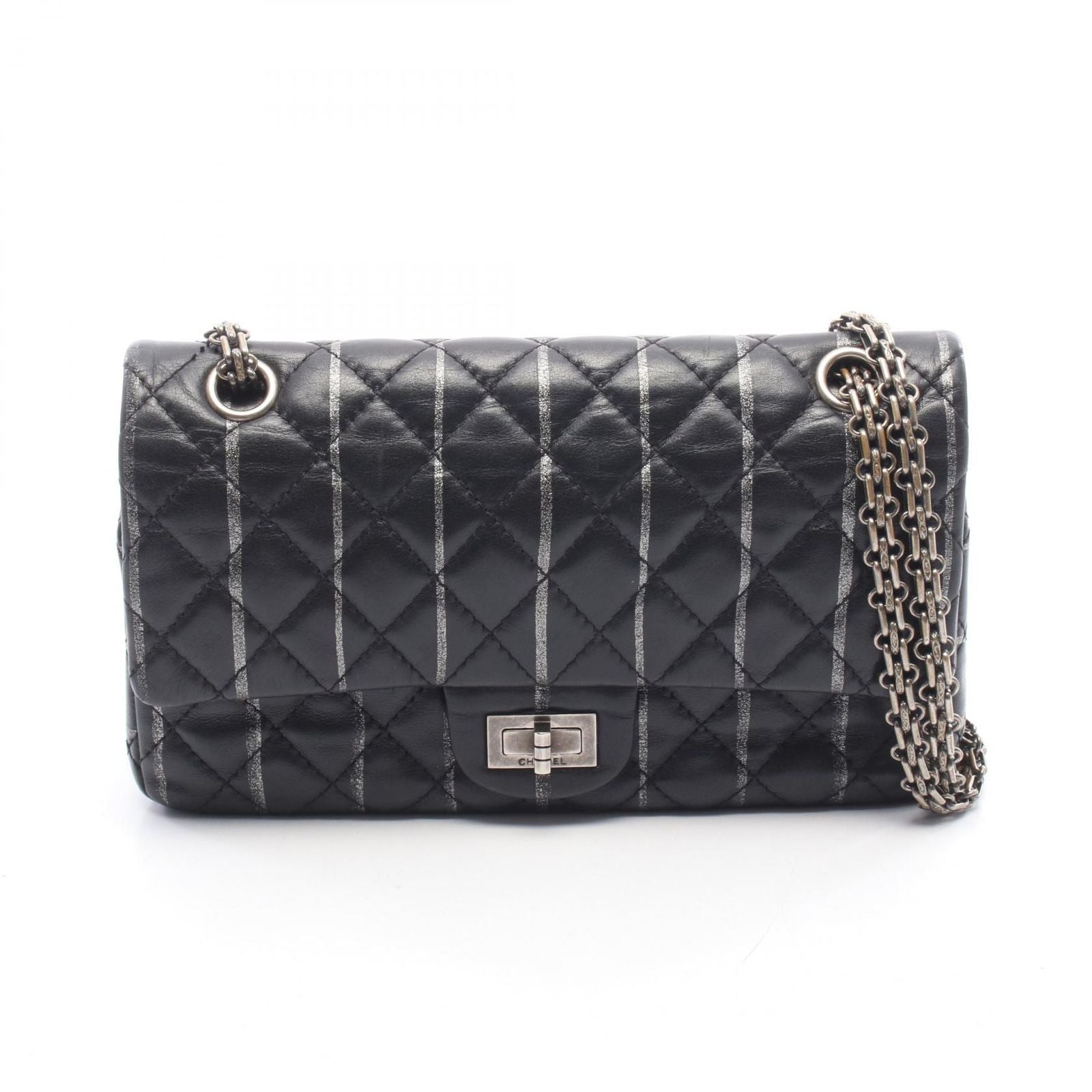 Chanel Shoulder Bag 2.55 Quilted Mademoiselle Chain Black Silver Leather Double