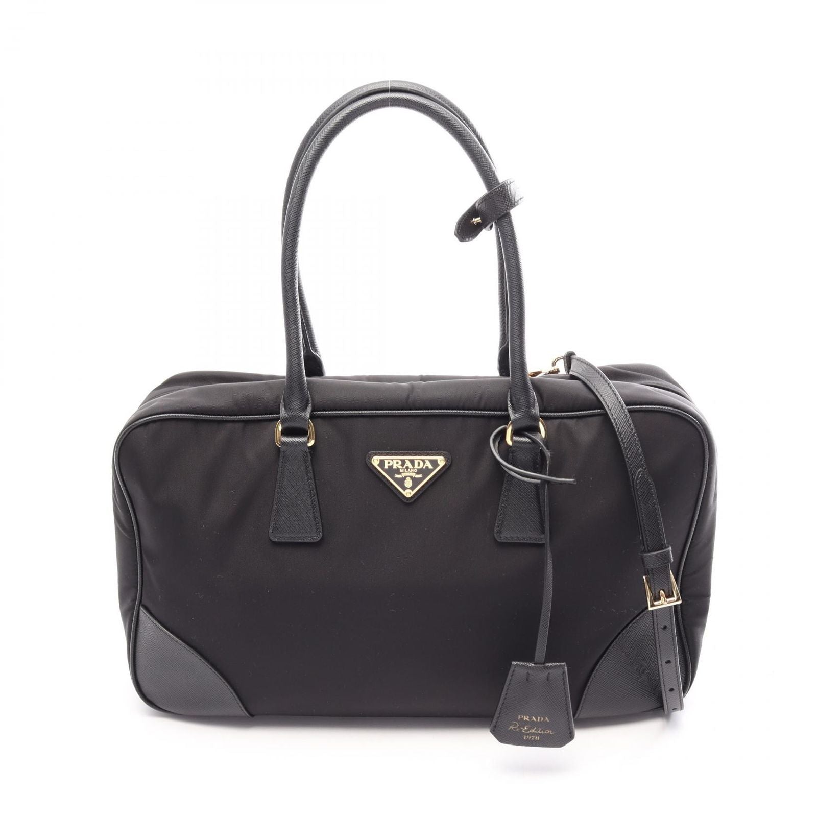 Prada Re Edition 2-Way Black Nylon Saffiano Leather Tote Bag