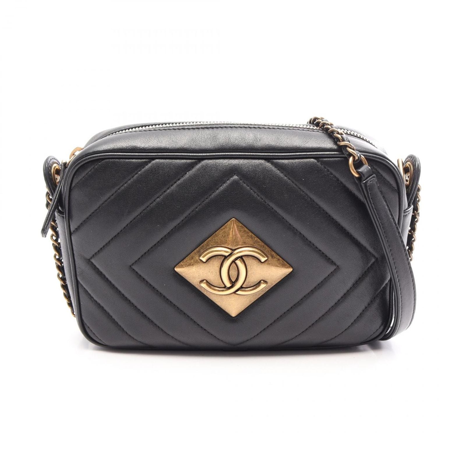 Chanel Shoulder Bag CC Logo Diamond Stitch Black Leather CC Chain