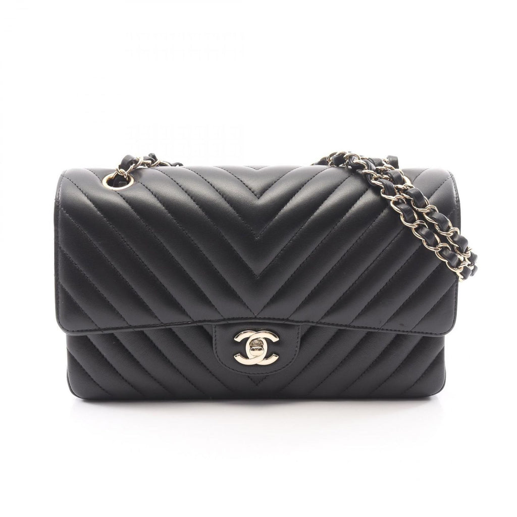 Chanel Shoulder Bag Blanc Stitch Double Flap Black Lambskin Chain