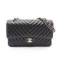 Chanel Shoulder Bag Blanc Stitch Double Flap Black Lambskin Chain