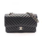 Chanel Shoulder Bag Blanc Stitch Double Flap Black Lambskin Chain