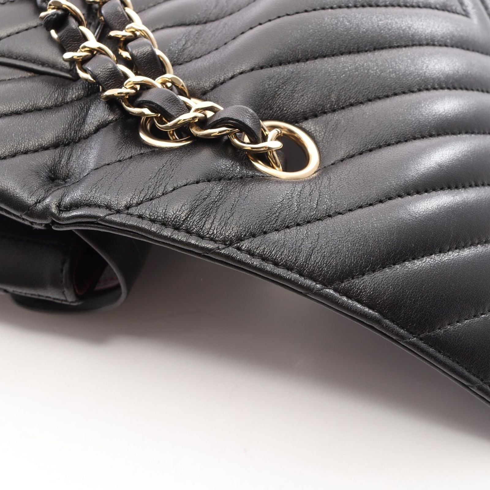 Chanel Shoulder Bag Blanc Stitch Double Flap Black Lambskin Chain — view 8