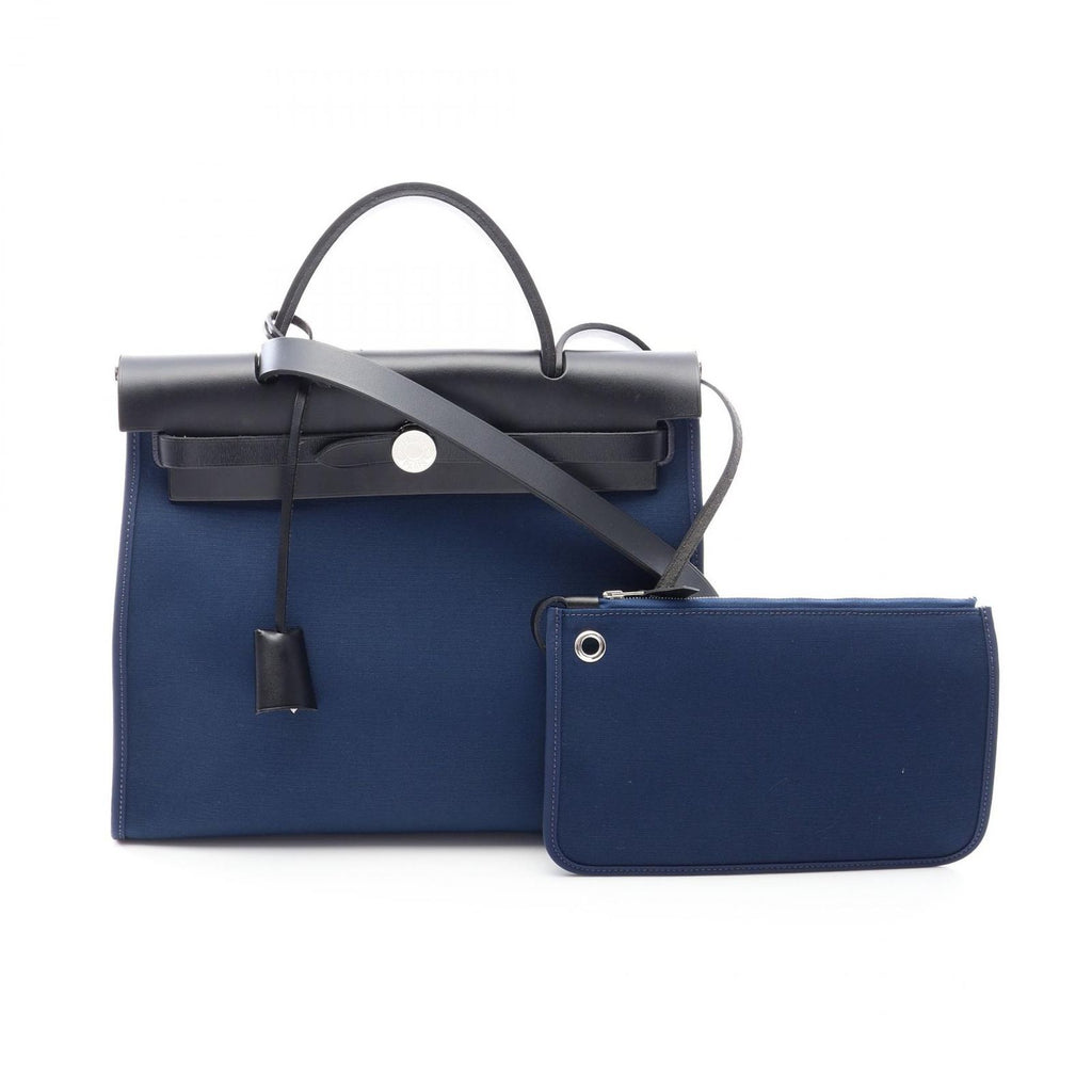 Hermes Herbag Zip PM Blue Navy Black Canvas Leather Dogalis Handbag