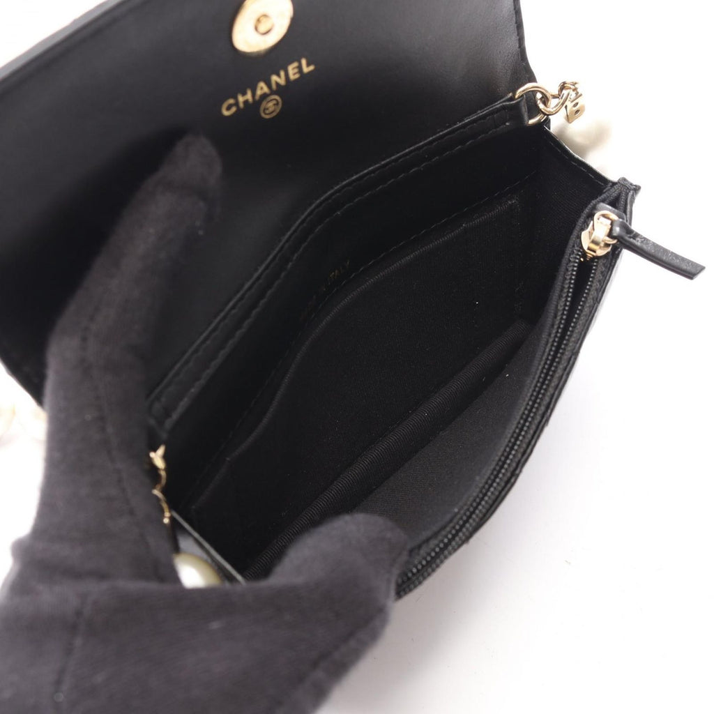 Chanel Shoulder Bag Quilted Pearl Chain Black Lambskin Wallet — view 3