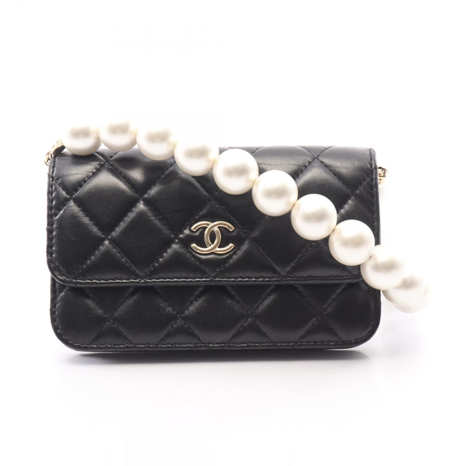 Chanel Shoulder Bag Quilted Pearl Chain Black Lambskin Wallet