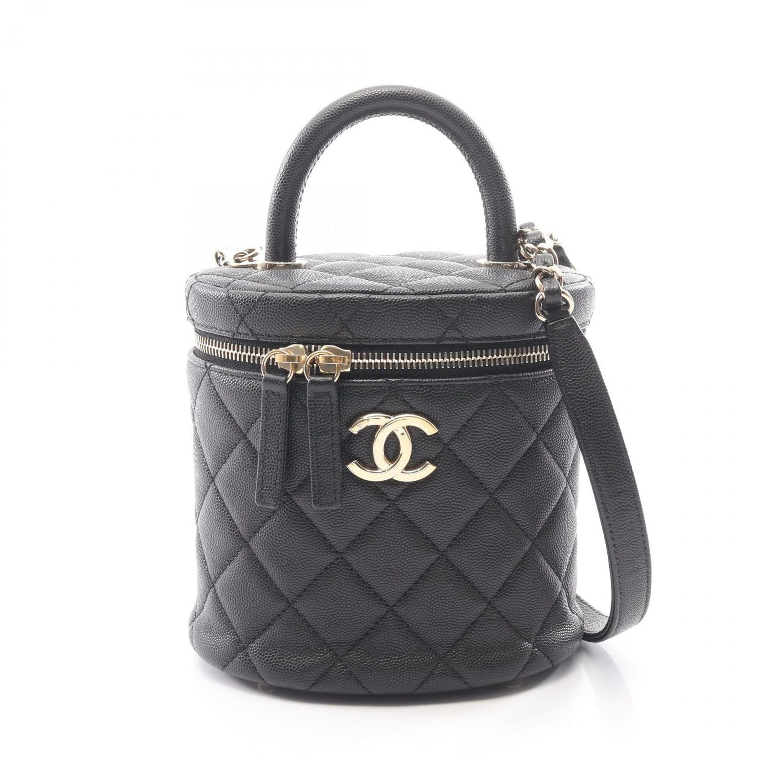 Chanel Handbag Quilted 2-Way Black Caviar Leather Vanity Chain