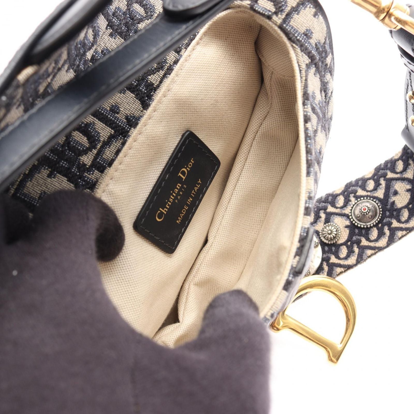 Dior Handbag Saddle Bag Mini Oblique Jacquard 2-Way Ivory Navy Canvas Leather — view 3