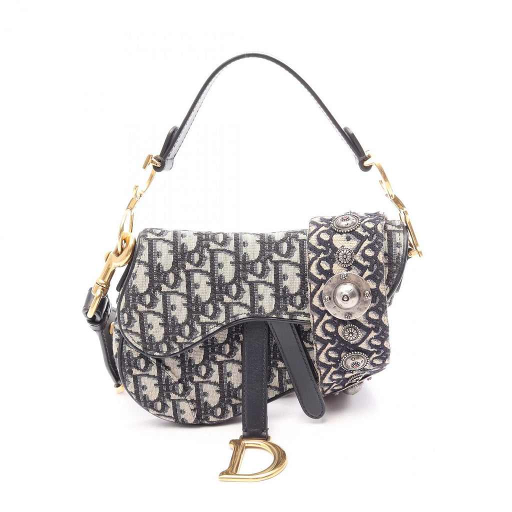 Dior Handbag Saddle Bag Mini Oblique Jacquard 2-Way Ivory Navy Canvas Leather
