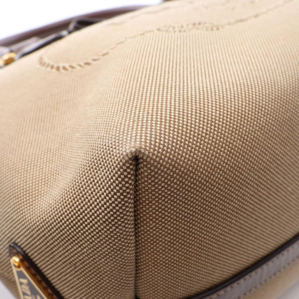 Prada Logo Jacquard 2-Way Beige Brown Canvas Leather Handbag — view 8