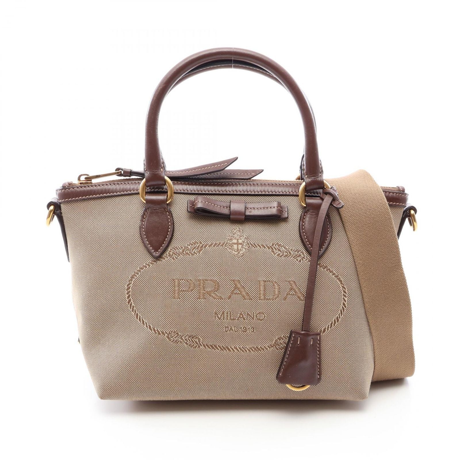Prada Logo Jacquard 2-Way Beige Brown Canvas Leather Handbag