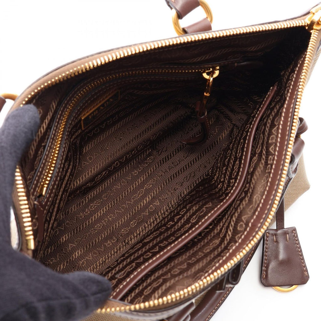 Prada Logo Jacquard 2-Way Beige Brown Canvas Leather Handbag — view 3
