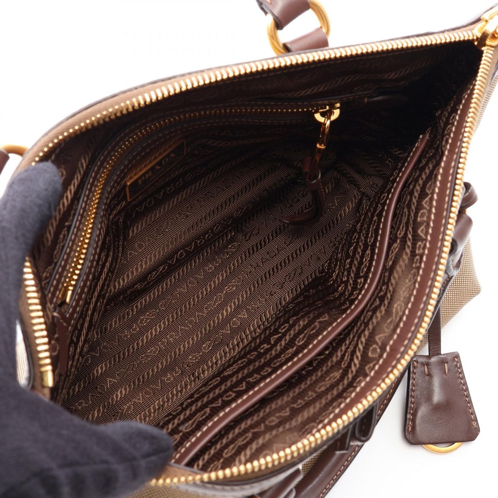 Prada Logo Jacquard 2-Way Beige Brown Canvas Leather Handbag — view 3