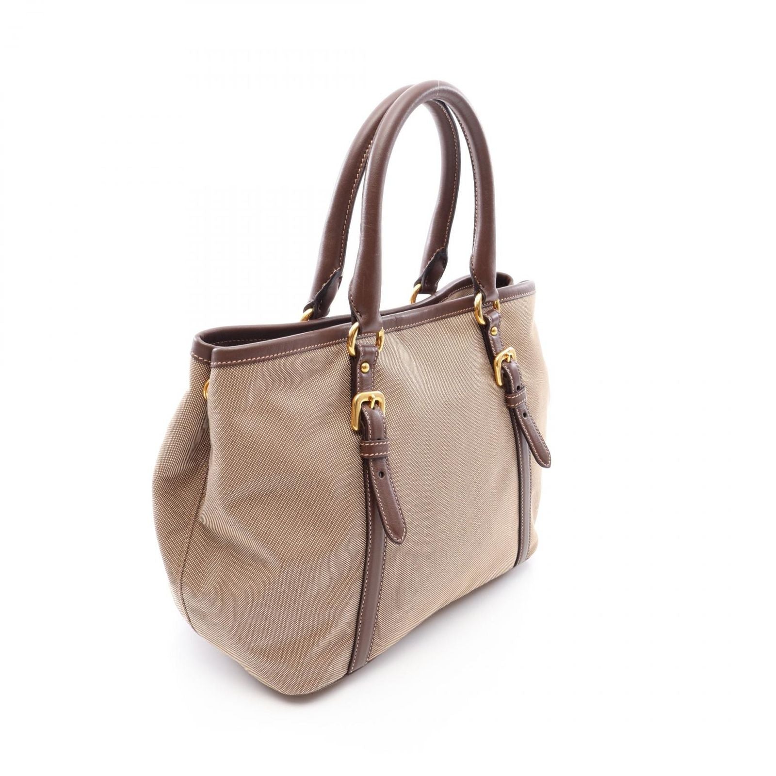 Prada Tote Bag Logo Jacquard 2-Way Beige Brown Canvas Leather Handle — view 2