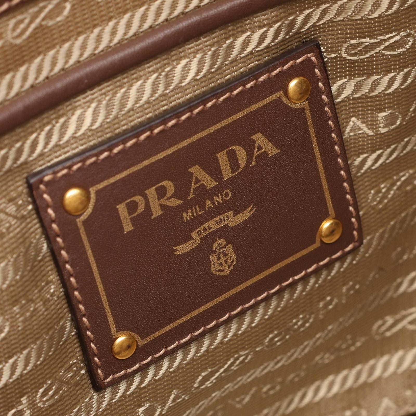 Prada Tote Bag Logo Jacquard 2-Way Beige Brown Canvas Leather Handle — view 4