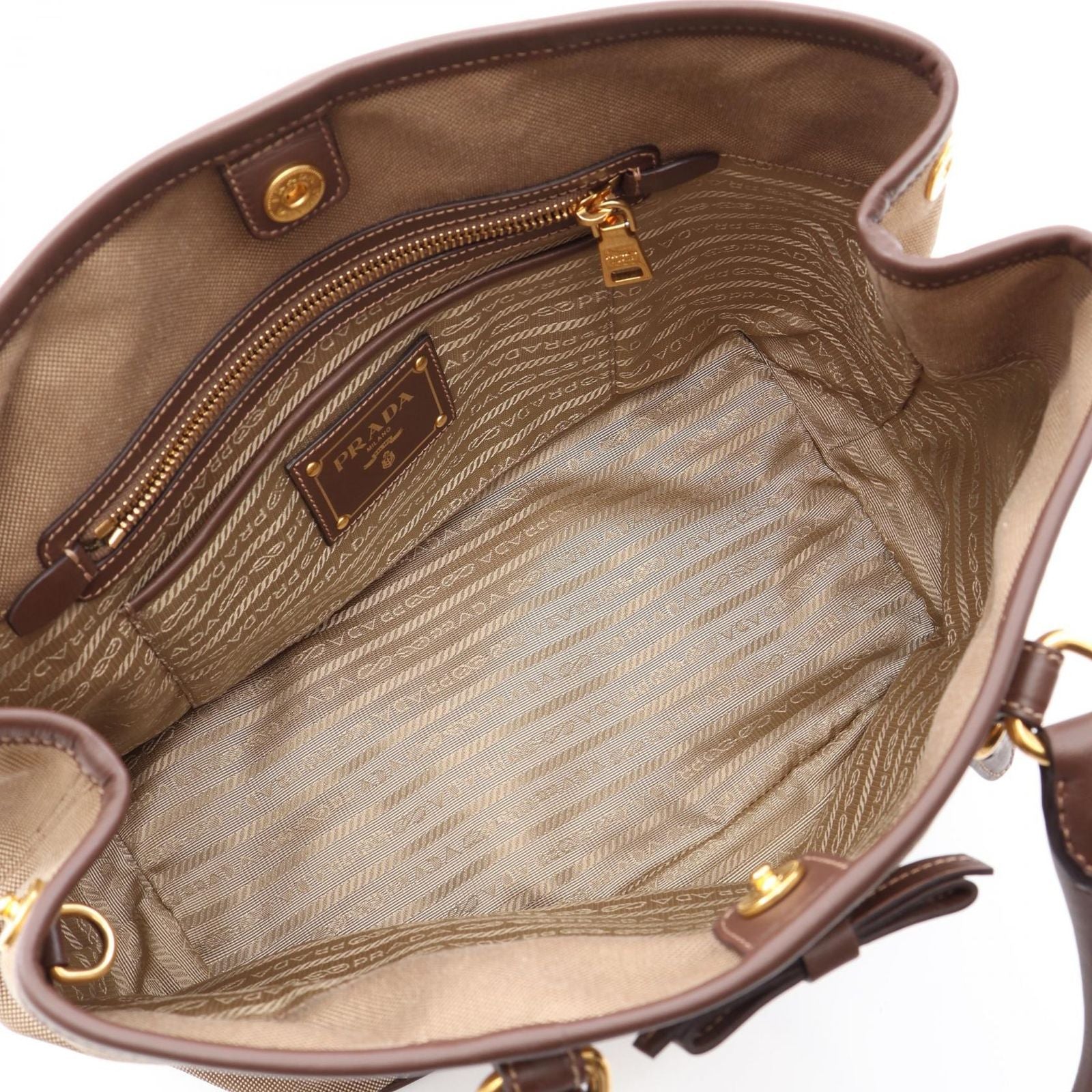 Prada Tote Bag Logo Jacquard 2-Way Beige Brown Canvas Leather Handle — view 3