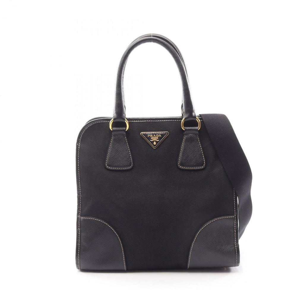 Prada Handbag Triangle Plate 2-Way Black Canvas Saffiano Leather Logo Shoulder