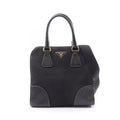 Prada Handbag Triangle Plate 2-Way Black Canvas Saffiano Leather Logo Shoulder