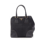 Prada Handbag Triangle Plate 2-Way Black Canvas Saffiano Leather Logo Shoulder
