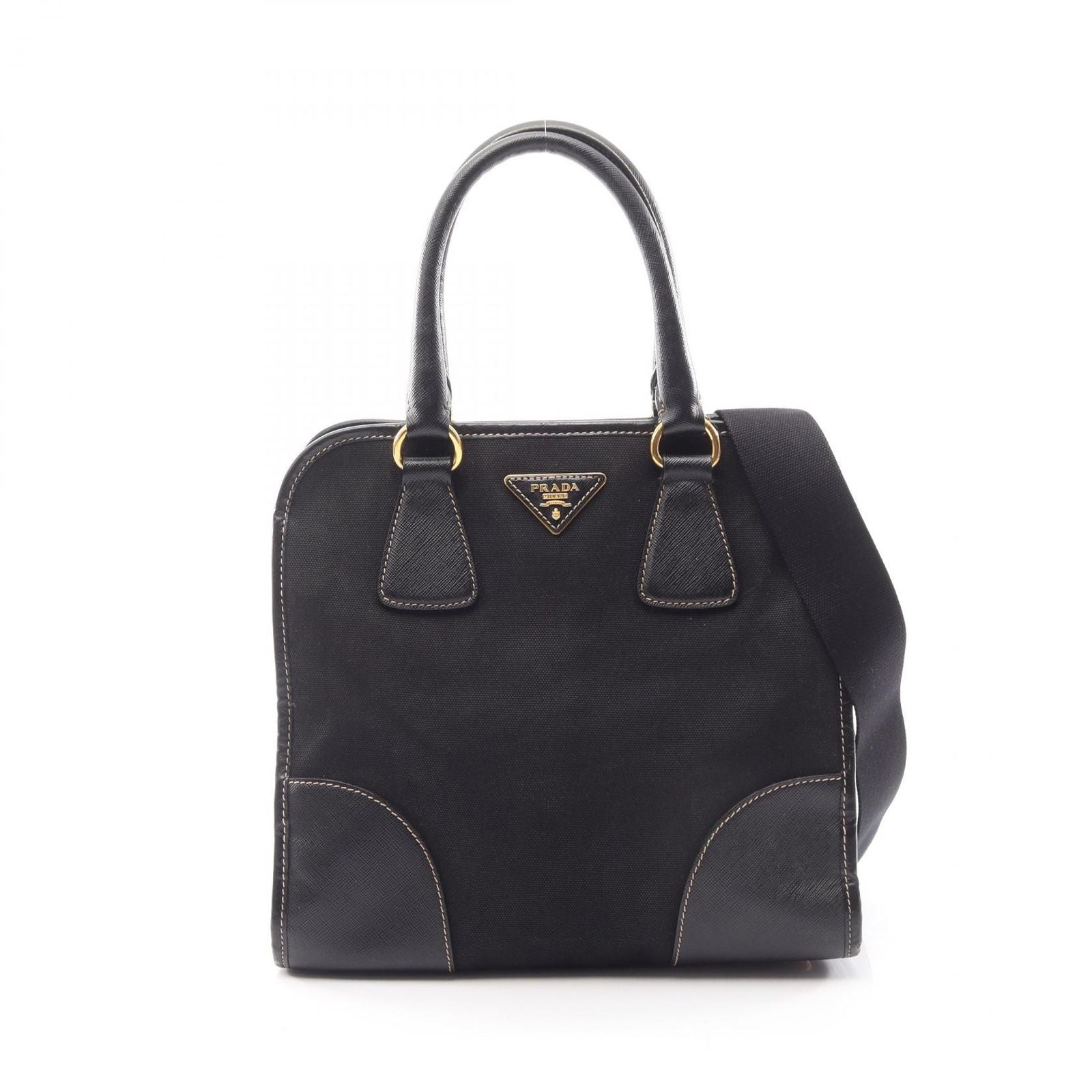 Prada Handbag Triangle Plate 2-Way Black Canvas Saffiano Leather Logo Shoulder