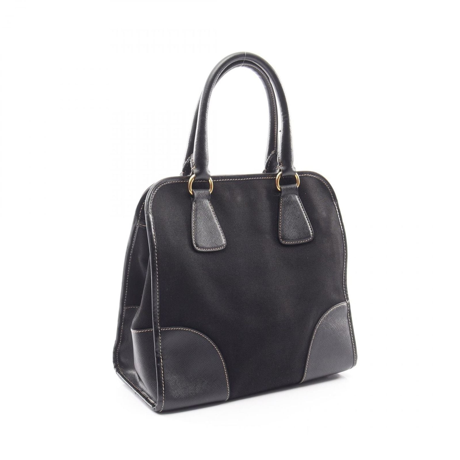 Prada Handbag Triangle Plate 2-Way Black Canvas Saffiano Leather Logo Shoulder — view 2