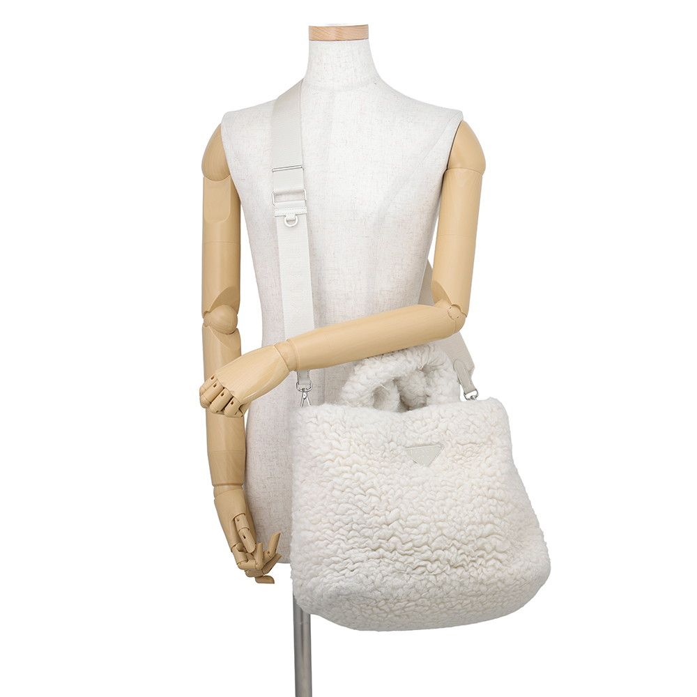 Prada Tote Bag Triangle Logo Shearling Small Cashmere Wool 2-Way White — view 5