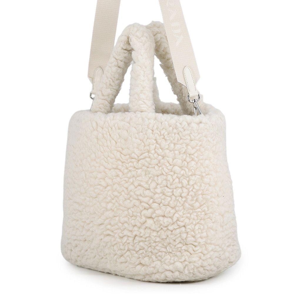 Prada Tote Bag Triangle Logo Shearling Small Cashmere Wool 2-Way White — view 2