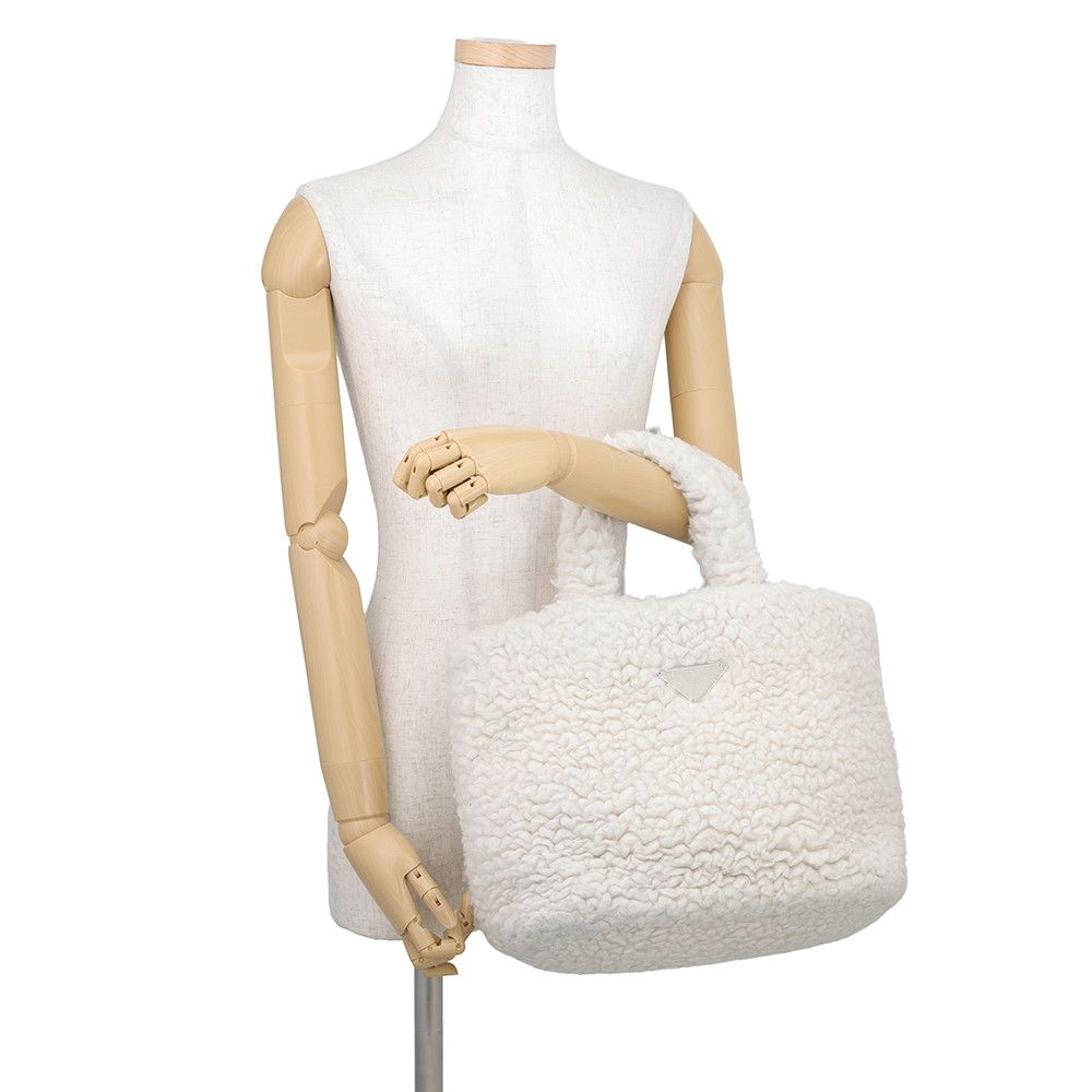 Prada Tote Bag Triangle Logo Shearling Small Cashmere Wool 2-Way White — view 4